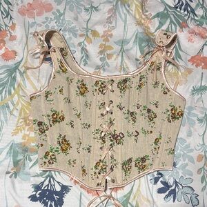 Floral Lace-Up Bustier Crop Top - Cream
